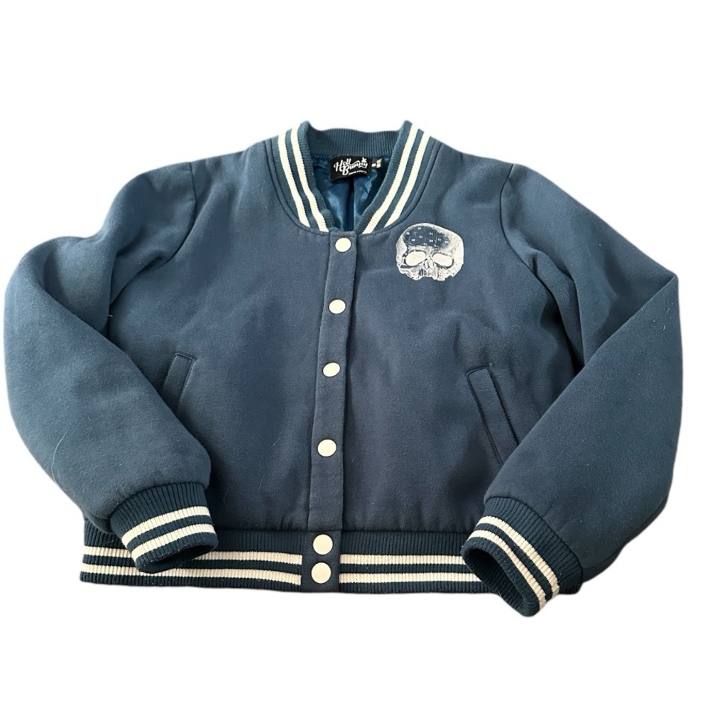 Hell Bunny Wake Up Skull Bomber Jacket Color Teal White Ladies Size M UK12